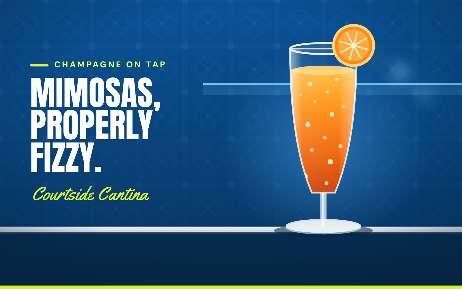 Illustration of a mimosa in a champagne flute on the Courtside Cantina bar, against the bar’s blue patterned tile